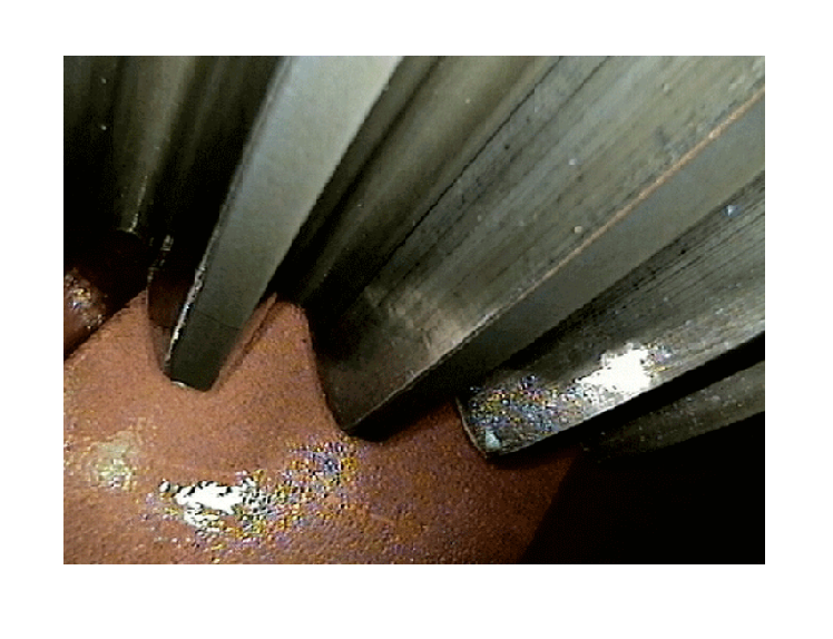 Close-up view of a wind turbine undergoing borescope inspection